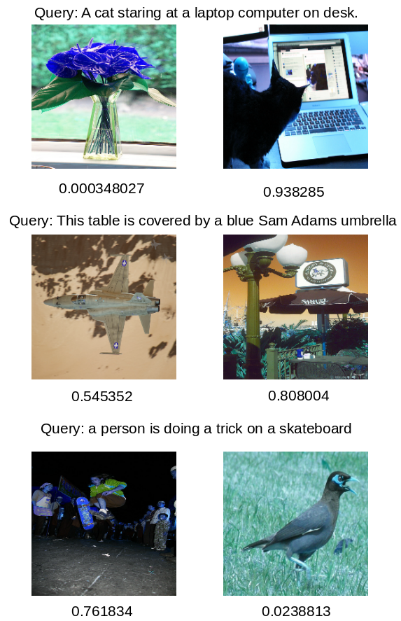 The similarity output from our proposed model. The number below the
images are the
similarities.[]{data-label="fig-output"}